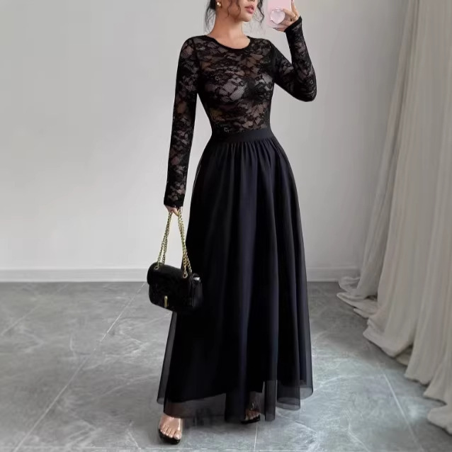 European and American Cross-Border Summer Elegant Black Lace Round-Neck Long-Sleeved Top and Mesh Long Skirt Two-Piece Set European and American Cross-Border Summer Elegant Black Lace Round-Neck Long-Sleeved Top and Mesh Long Skirt Two-Piece Set