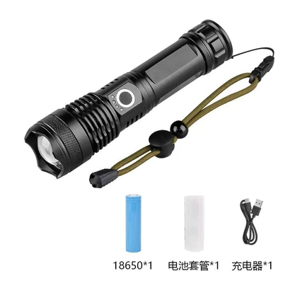 The new P50P90 aluminum UV fənərlər - black-p50-single-flashlight-18650-battery-foam-bag-packaging