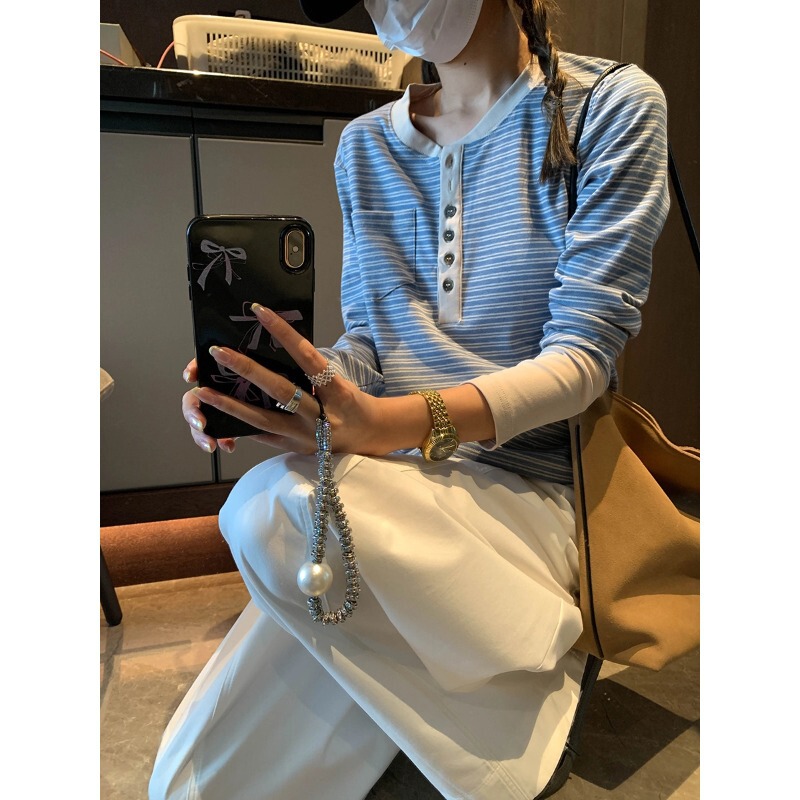 Mochi Korean Blogger Style Color-Blocked Henry Collar Striped Regular Shoulder Long-Sleeve T-Shirt Base Shirt Mq0727 Mochi Korean Blogger Style Color-Blocked Henry Collar Striped Regular Shoulder Long-Sleeve T-Shirt Base Shirt Mq0727