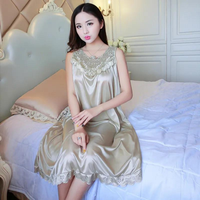 2023 camisón de seda de hielo de verano de las mujeres de encaje sedoso delgado de mediana edad sexy suave cómodo pijamas de las mujeres homewear