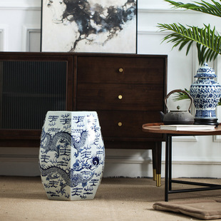 New Chinoiserie Dragon Oriental Ceramic Blue and White Porcelain Stool Antique Balcony Outdoor Chair Water-Resistant and Sun-Resistant Ceramic Stool