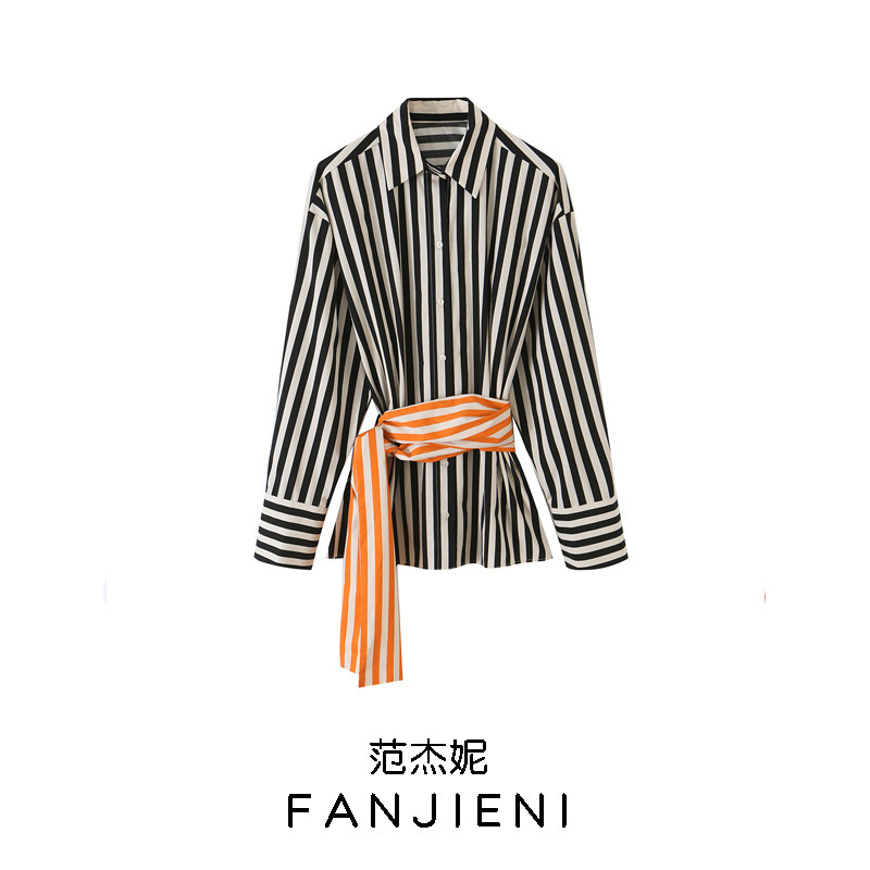 ZR Foreign Trade Wholesale European and American Style Women's Clothing Fashionable Versatile Color-Block Striped Shirt with Belt 7047153 ZR Foreign Trade Wholesale European and American Style Women's Clothing Fashionable Versatile Color-Block Striped Shirt with Belt 7047153