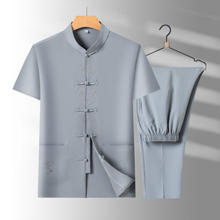 Tang Suit Men's Summer Short-sleeved Two-piece Set for Middle-aged and Elderly Dad's Summer Chinese Style 60-70 Year Old Grandpa's Casual Suit