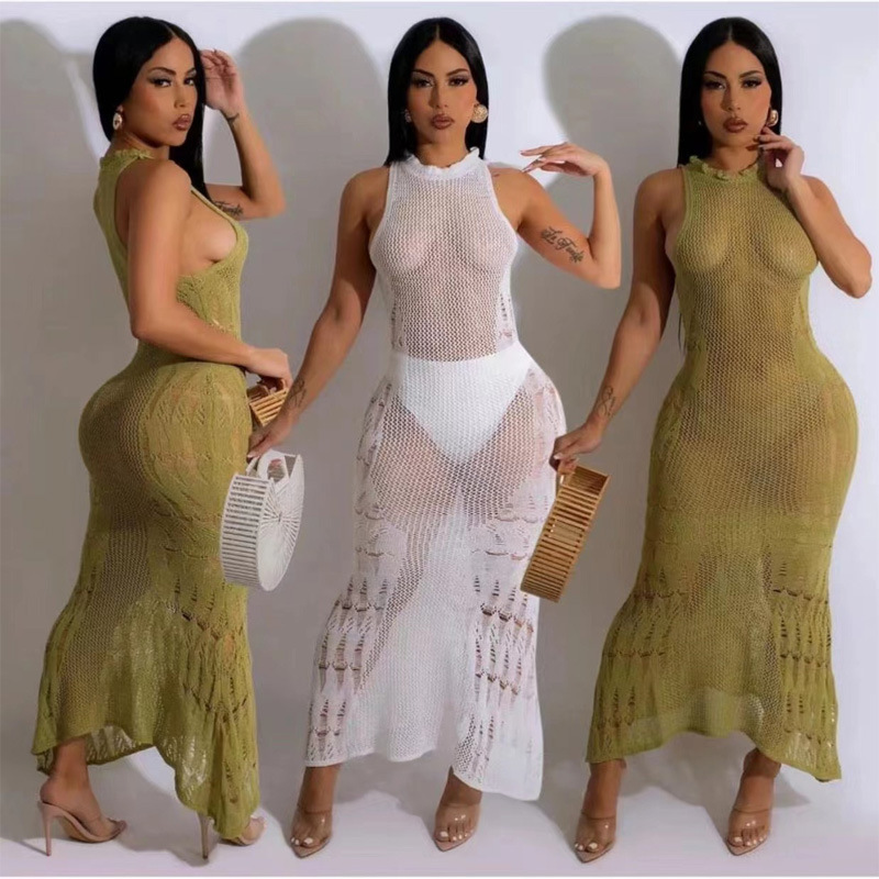 Cross-border Europe and the United States 2023 Hollow Mesh Knitted Sweater Style Holiday Sexy Dress Knitted Split dress Summer