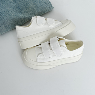 Velcro White Shoes for Women 2025 Summer New Hong Kong Style Heightening Thick Sole Versatile White Canvas Shoes Yuanbo 6108