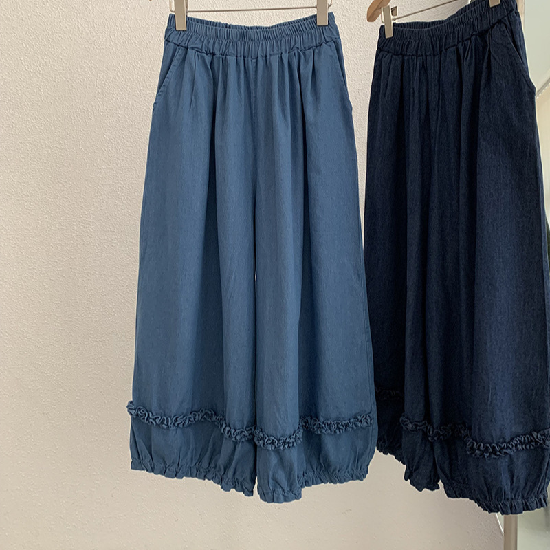 Oumarai elastic high waist agaric lace necking loose wide leg Denim cropped pants retro Korean style 3329