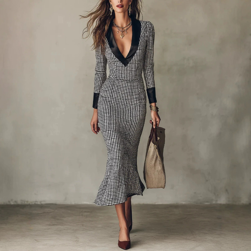 European and American retro houndstooth V-neck dress for women, satin lapel, long sleeves, bodycon fishtail midi dress for commuting European and American retro houndstooth V-neck dress for women, satin lapel, long sleeves, bodycon fishtail midi dress for commuting