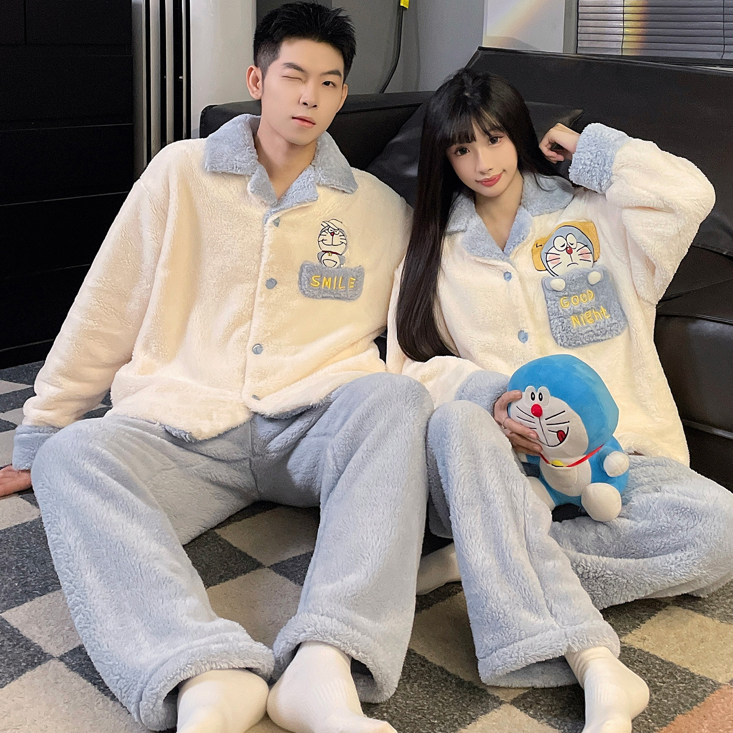 Coral Velvet Couple Pajamas Women's Winter Fleece-Lined Thickeneded Cartoon Cute Autumn and Winter Men's Cardigan Home Wear Set