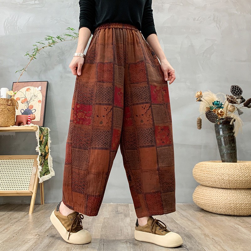 民族风复古印花休闲裤2025秋季宽松百搭洋气大口袋哈伦裤萝卜裤