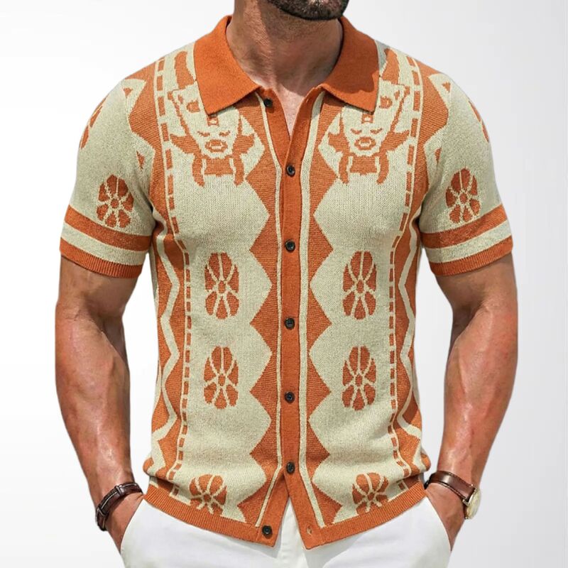 Amazon Men's Clothing Wholesale Summer Men's Short-Sleeved Knitted Cardigan Ethnic Style Jacquard Cardigan Polo Shirt Sy0101