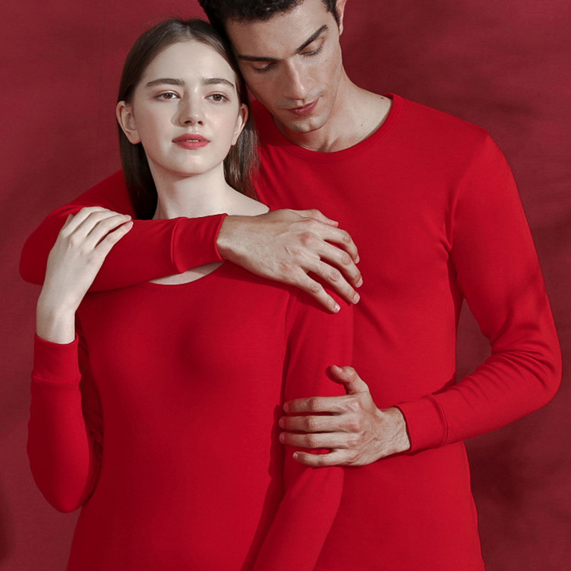 Women's Autumn Clothes and Pants, Red Zodiac Year Base Layer, Adult and Teen Round Neck Men's Underwear Set, Pure Cotton, Cold-Proof