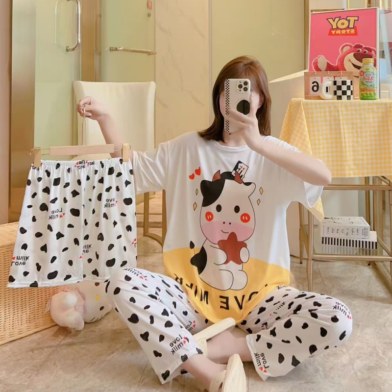 Pijamas de verano transfronterizos pijamas de leche de seda de tres piezas set de dibujos animados comercio exterior ropa para el hogar pantalones de mangas cortas lindos