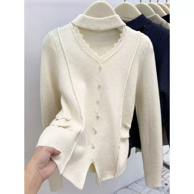 法式设计感蕾丝花边挂脖V领针织衫女冬季新款加绒加厚打底衫上衣