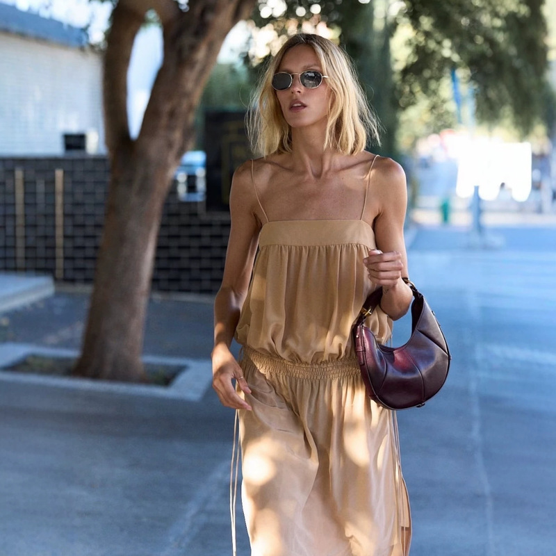 Shenzhen Nanyou Side-Slit Tie-Waist Strap Dress for Women, New Summer Drawstring Pleated Mid-Length Elegant Dress Shenzhen Nanyou Side-Slit Tie-Waist Strap Dress for Women, New Summer Drawstring Pleated Mid-Length Elegant Dress