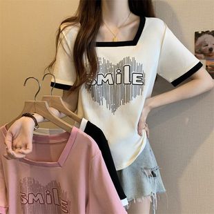 plus size Women's Clothing Chubby Girl Square Neck Short-sleeved T-shirt Women's Summer New Spice Girls Pure Desire Design Sense Niche Top for Women