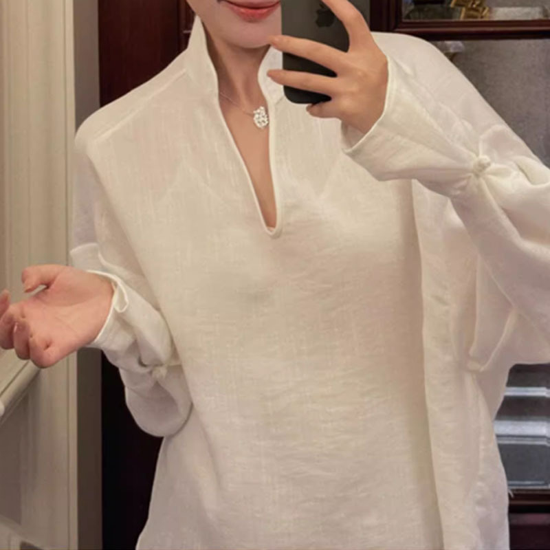 New Chinese Style White Shirt Women's 2024 Autumn Fashion Minimalist High-end Lazy National Style Big V-neck Top