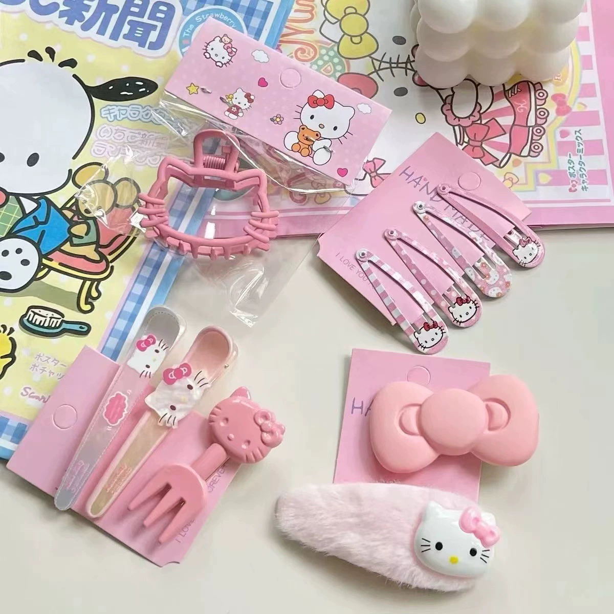 Набор аксессуаров для волос (Hello Kitty) — 10 штук милых японских мультяшных заколок, шпильки и резинки, розовый