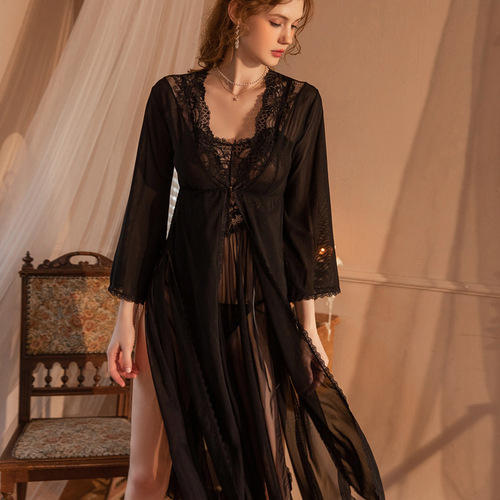 Lace and Sheer Mesh Set for Love and Romance, Long-Legged Temptation, High Slit Long-Sleeve Nightgown with Outer Robe, Wholesale Sleepwear