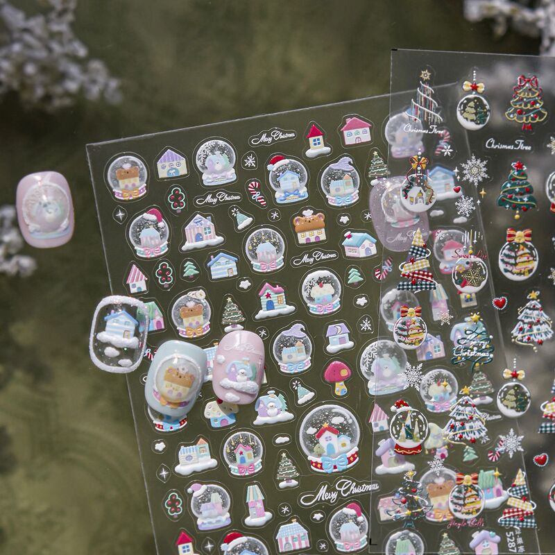 Tomoni Nail Art Relief Cute Retro Santa Claus Dream Crystal Ball Christmas Tree Igloo Nail Sticker