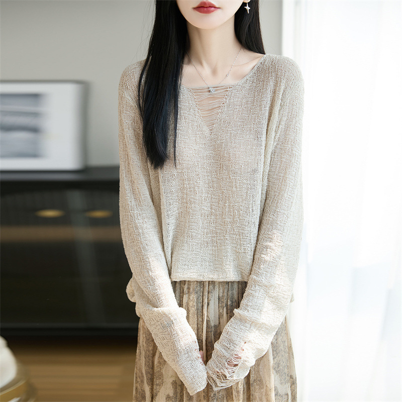 "Soft Focus" Linen Lyocell Knitwear Women's Thin Summer Hollow-Out Loose Long Sleeve Sunscreen Top Casual Style "Soft Focus" Linen Lyocell Knitwear Women's Thin Summer Hollow-Out Loose Long Sleeve Sunscreen Top Casual Style