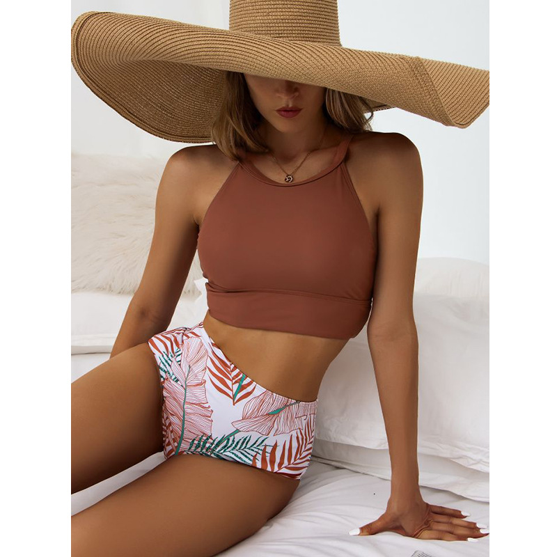Bikini dividido para mujer, chaleco de cintura alta y pantalón con estampado, nuevo estilo Amazon