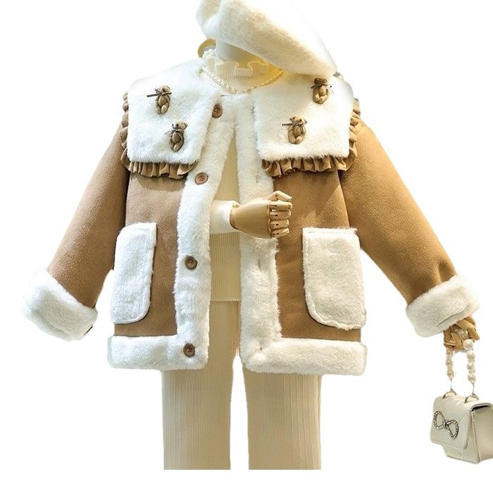 Mergaičių žieminis kostiumas mergaičių kailiukas viename korpuse plius vilnos storos paltinės kelnaitės dviejų dalių komplektas_voghion.com