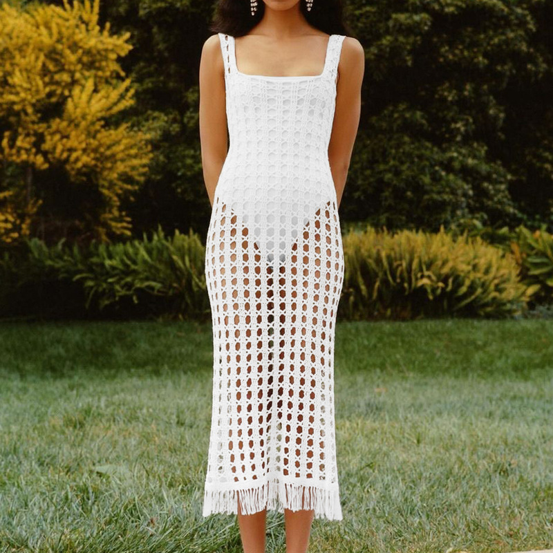 2026 Summer New Style Knitted Tassel Crochet Hollow-Out Dress European and American Sexy Backless Vacation Style Beach Long Dress 2026 Summer New Style Knitted Tassel Crochet Hollow-Out Dress European and American Sexy Backless Vacation Style Beach Long Dress