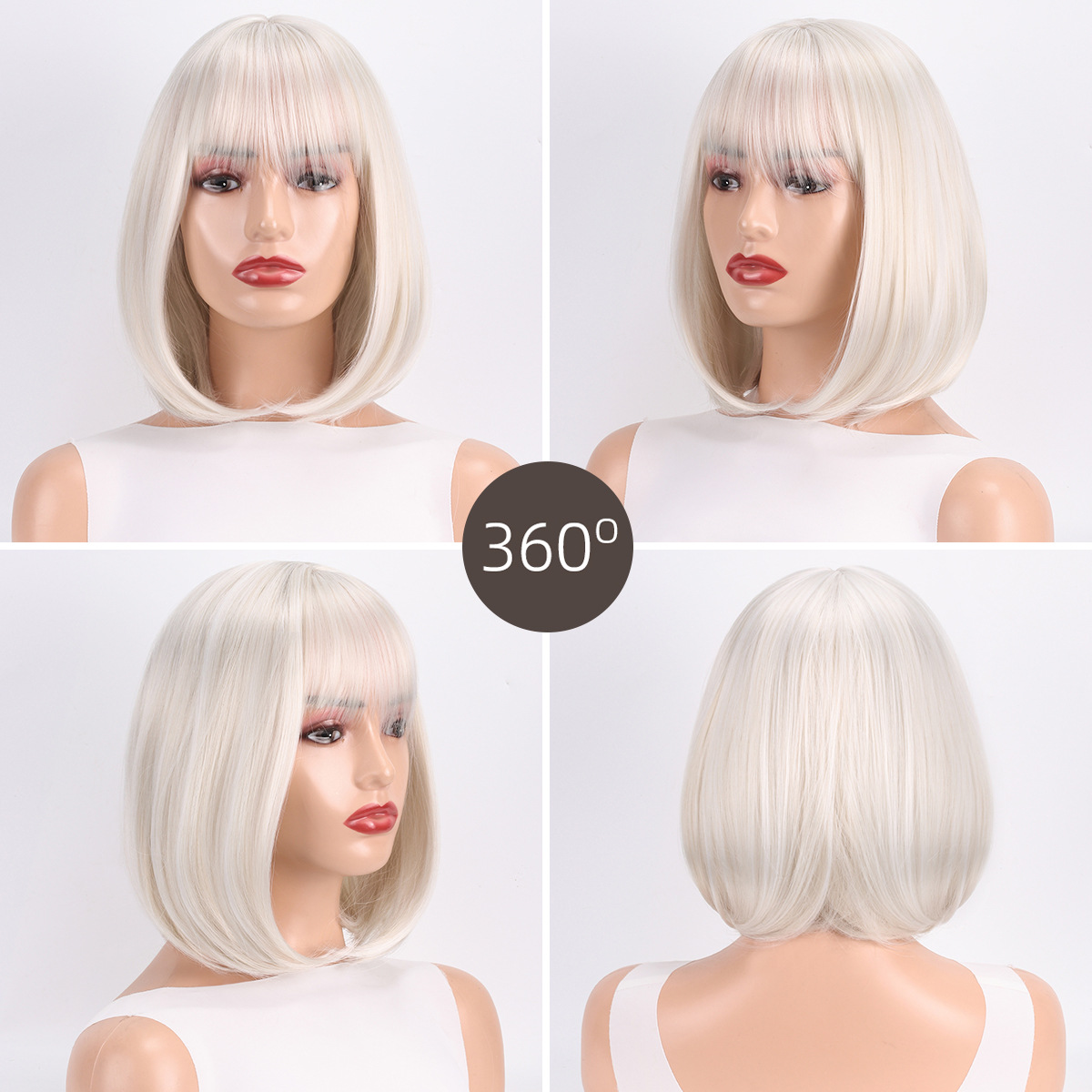 Peluca blanca transfronteriza europea y americana de las mujeres flequillo Bobo cabeza beige interior Pelo Corto Peluca de comercio exterior