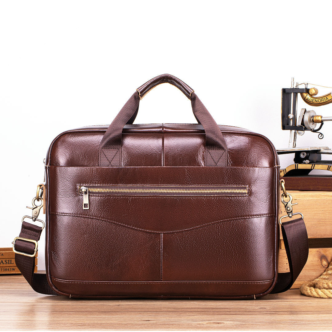 Hombres primera capa de piel vaca bolso la vendimia cremallera horizontal maletín productos fuente