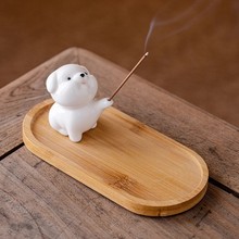 萌狗香插竹制底座创意禅意线香插家用室内香座点香摆件香薰炉茶道