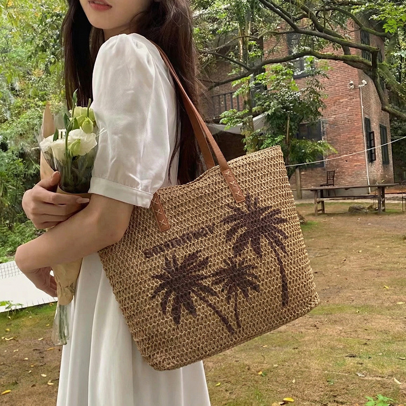 Beach Vacation Style Large Capacity Coconut Tree Print Straw Bag Women's Summer New Woven Shoulder Bag - Thumbnail 3