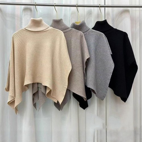 New knitted cape top—autumn and winter outerwear, Korean-style high-neck cape shawl, knitted waistcoat, solid-color pullover.