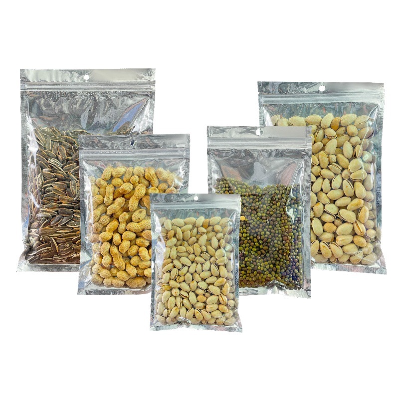 Bolsa ziplock chapada en aluminio, bolsa de papel de aluminio, ventana abierta, bolsa autoportante, línea de datos translúcida, bolsa sellada de grado alimenticio, bolsa ziplock plateada