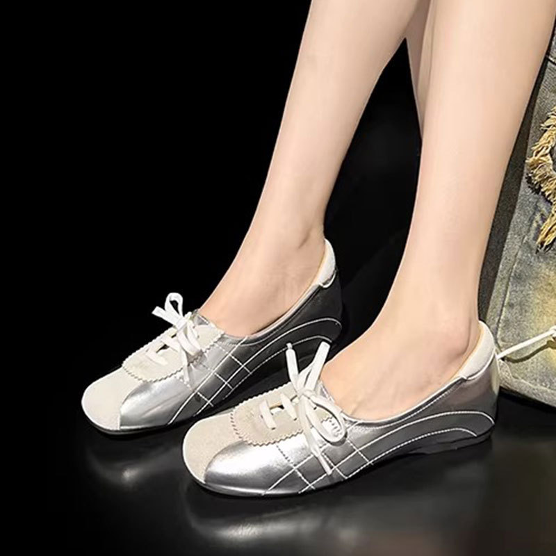 Women's Casual Shoes with Hidden Height Increase, 2026 Spring New Designer Style, Patchwork German Training Shoes, Women's Lace-Up Silver Loafers