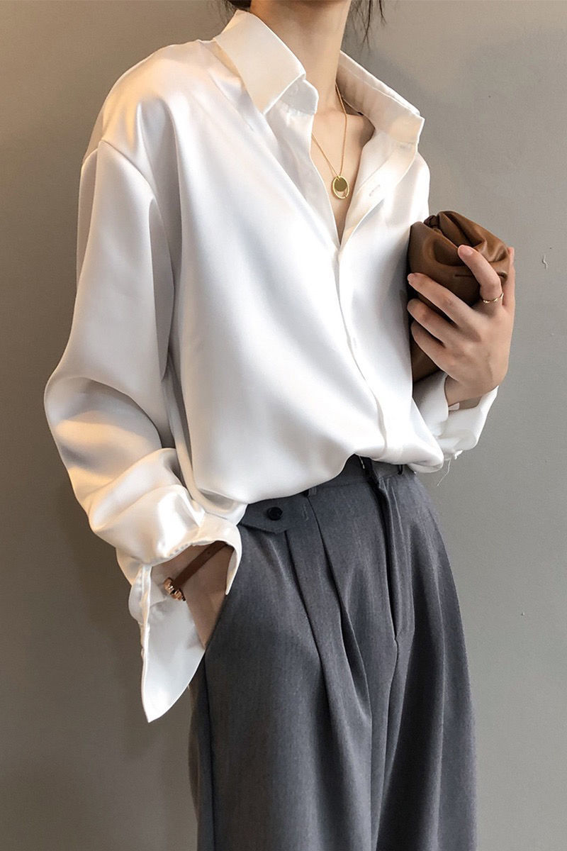 Women's Clothing acetate satin shirt women's glossy outer wear drape long sleeved shirt design niche light mature top spring_voghion.com