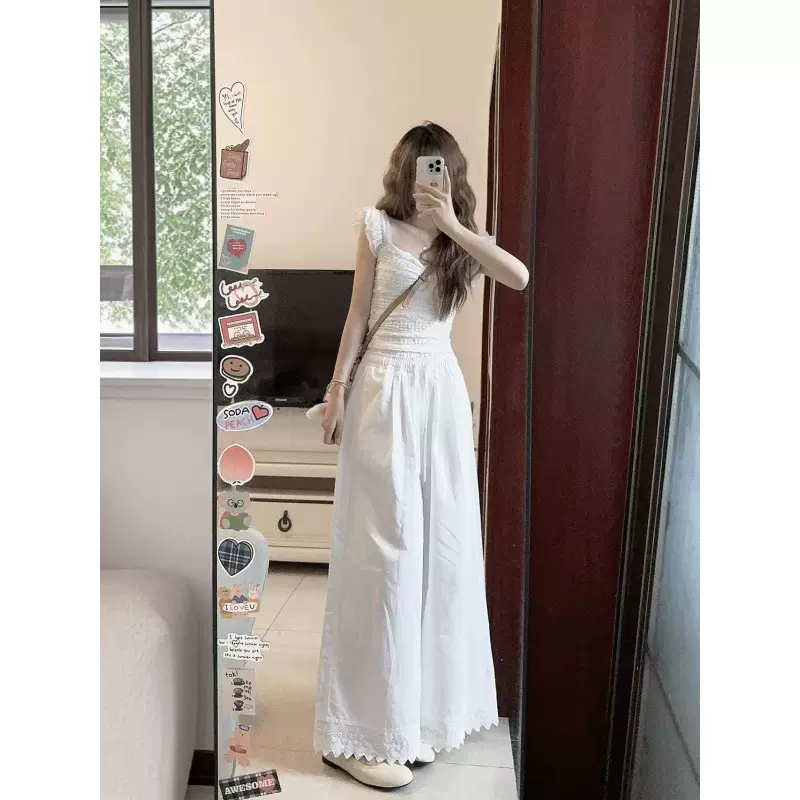 奶欲学姐~森系甜美小飞袖蕾丝领上衣衬衫花边阔腿裤套装夏