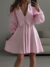 2025欧美外贸女装格纹大翻领连衣裙长袖甜美显瘦大摆灯笼袖A字裙