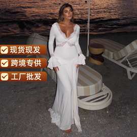 跨境女装新款时尚喇叭袖蕾丝花边欧美连衣裙性感晚礼服外贸秋冬裙
