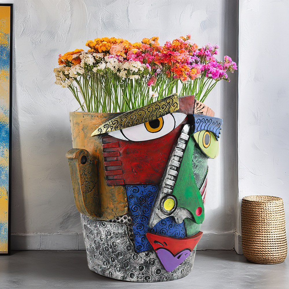  New Creative Face Frowning Abstract Colorful Flower Pot Personalized Resin Craft Courtyard Garden Home Ornaments
