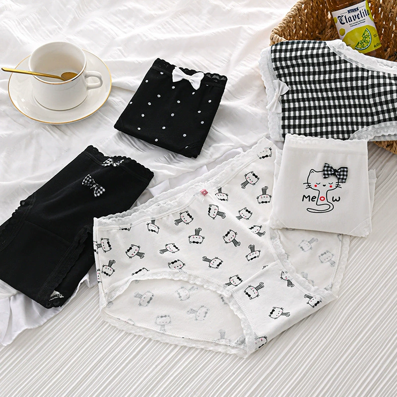 Женское дышащее нижнее белье с кружевной кромкой и средней талией, женские милые японские милые студенческие треугольные шорты на голову