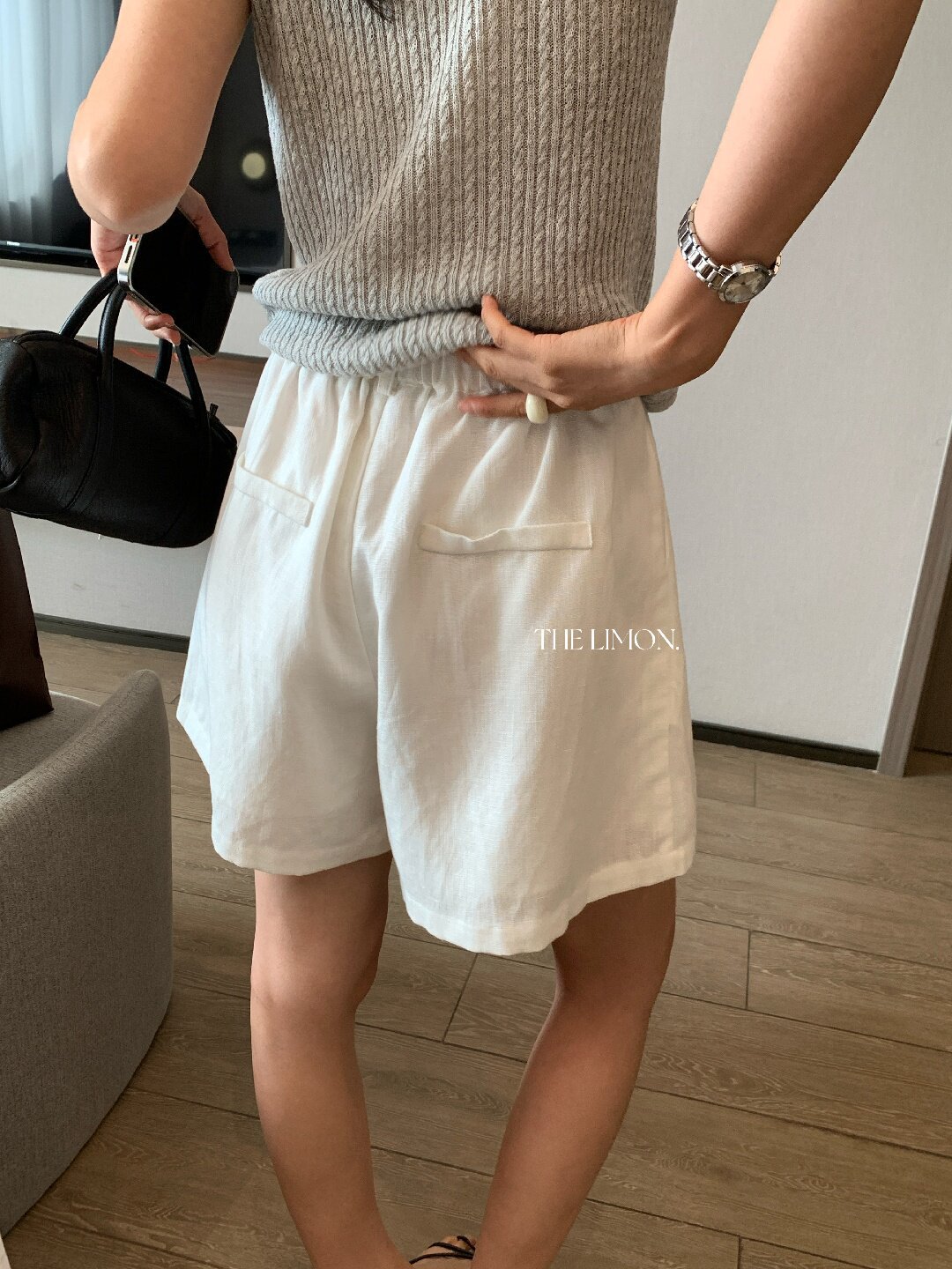 Quần short nữ cạp cao chất liệu tencel linen phối sợi, dáng suông rộng, tôn dáng, phong cách old money — màu sắc, Màu cà phê, màu trắng, Xanh da trờicolor chi tiết 29