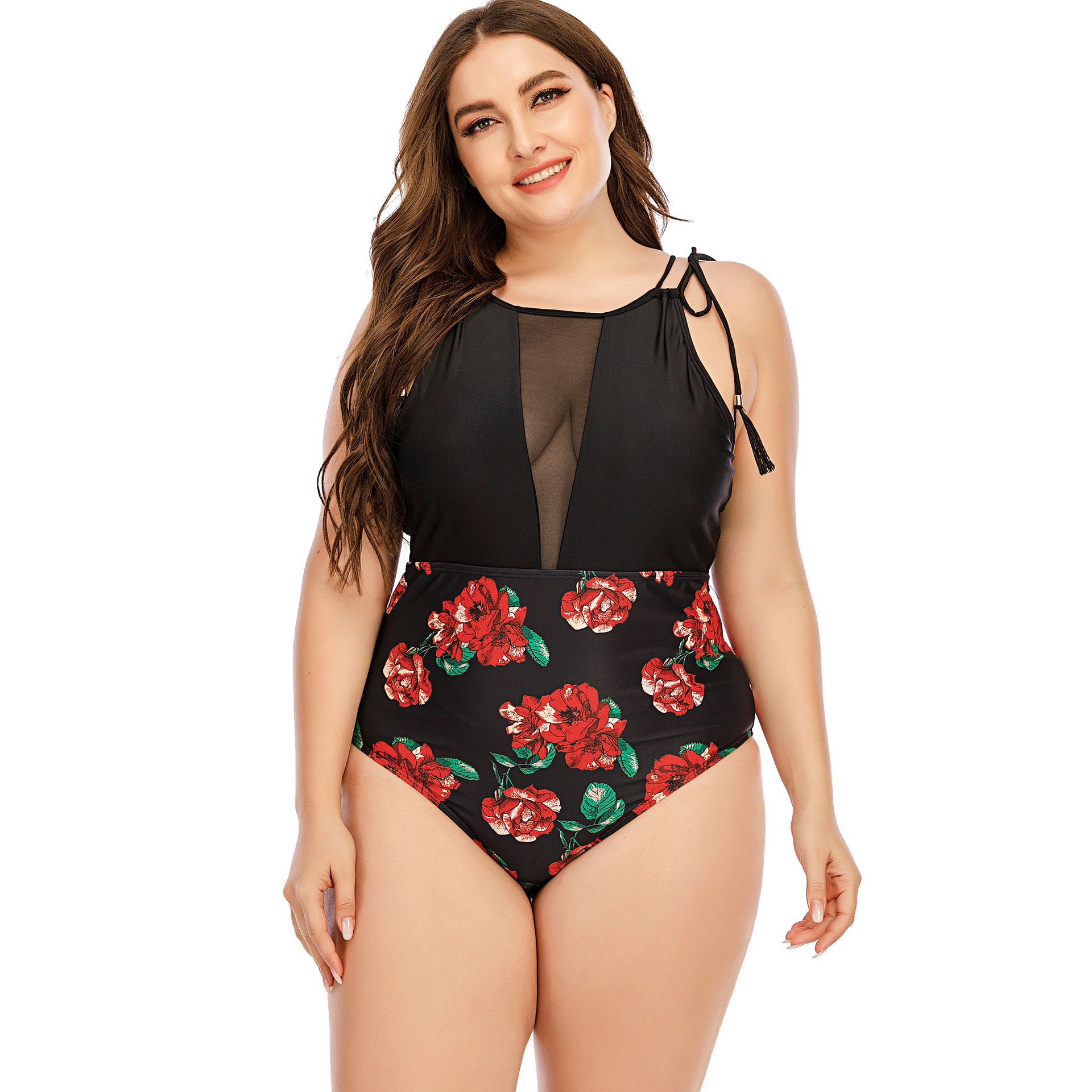 plus size mesh printing stitching sleeveless one-piece swimsuit NSJHD124951