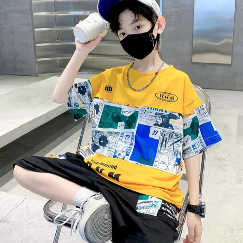 Children's Summer Outfit for Boys - Oversized Han Style Stylish Casual Loose Letter Fashion Two-Piece Set