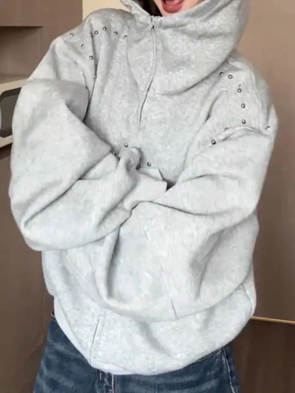 美式铆钉杜宾犬耳朵连帽卫衣女秋季宽松甜酷风设计感短款开衫外套|undefined
