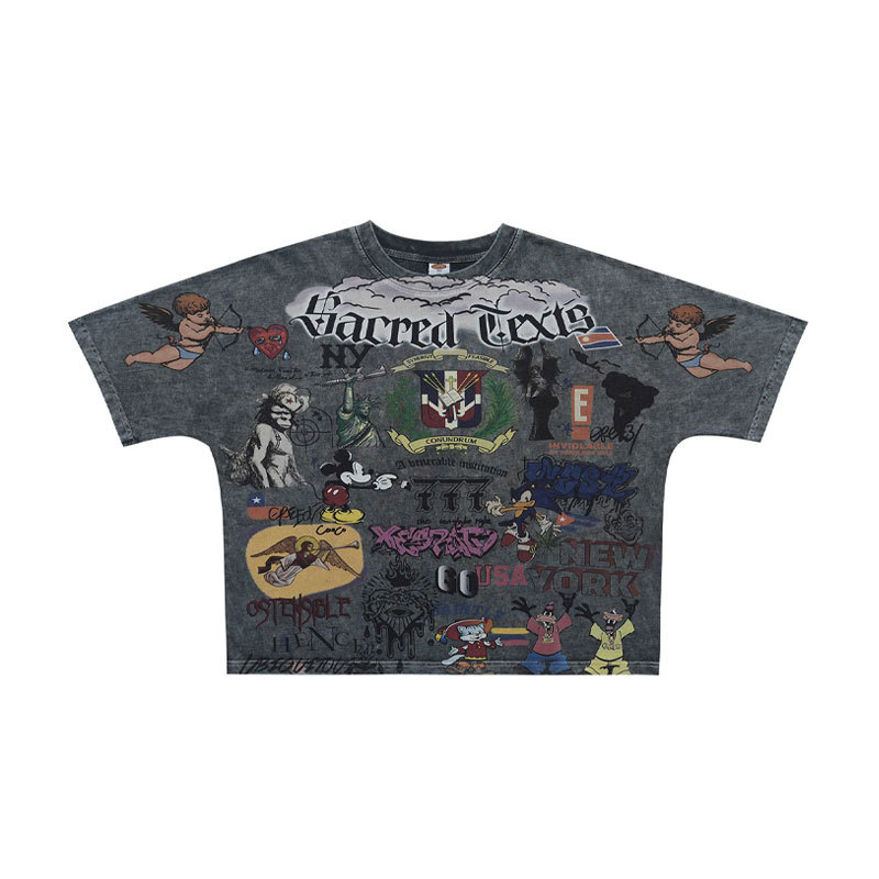 Herrenbekleidung: Retro-T-Shirt mit Cartoon-Print, gewaschenem Used-Look, lockerer Passform und kurzen Ärmeln – lässiges Vintage-Top_voghion.com