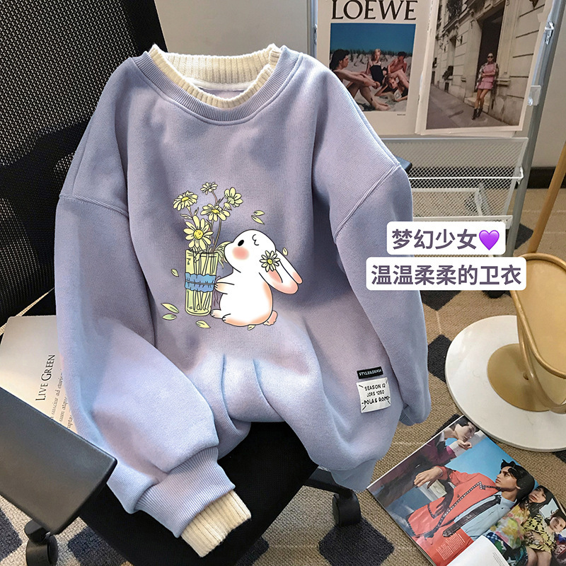 加绒加厚卫衣女秋冬新款圆领假两件长袖气质上衣日韩宽松大码女装