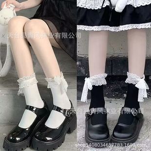 Japanese Lolita Lace Mid-Length Socks with Ribbon Lolita Bow Breathable Jk Calf Socks