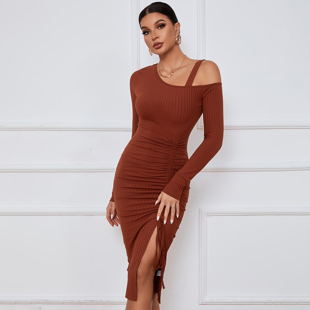 Womens Long Sleeve Dress Drawstring Side Slit Off Shoulder Autumn Winter Bodycon Style Wholesale Available