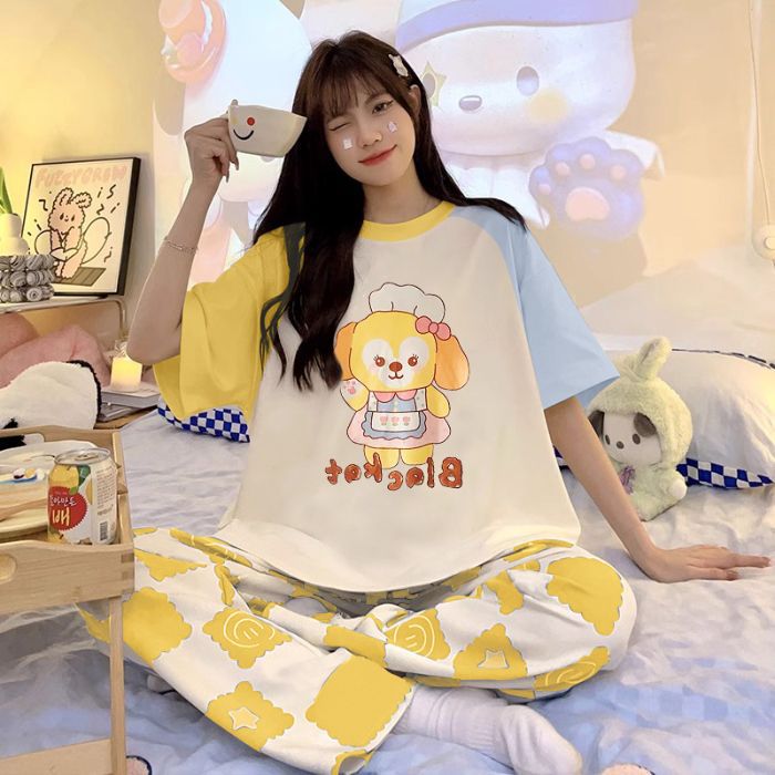 Pijamas al por mayor transfronterizos para mujer verano nuevos pantalones de manga corta sueltos que se pueden usar al aire libre dibujos animados lindo traje de servicio a domicilio imitación algodón