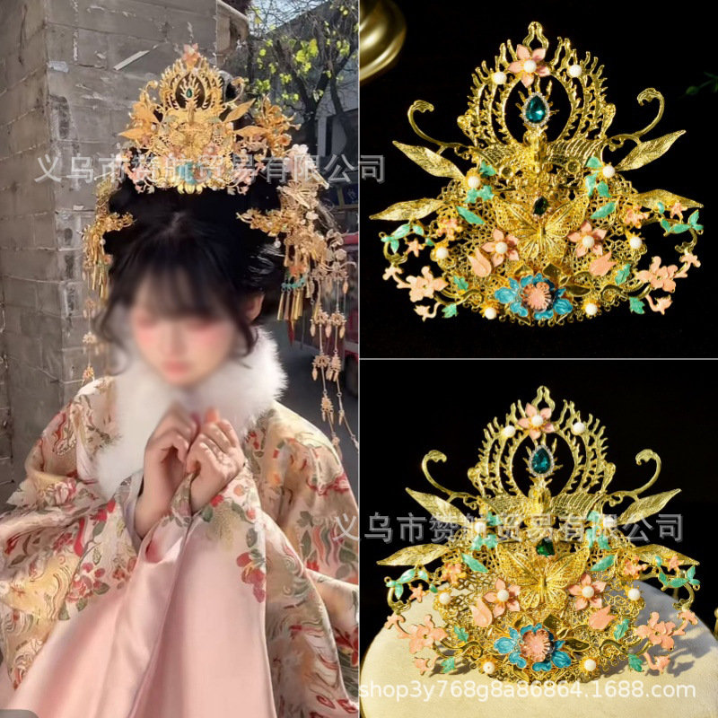 Manufacturer wholesale Tang and Song dynasty style hair crowns, complete set of headdresses, similar styles to those worn by brides, Ming-style hair accessories, complete Hanfu set